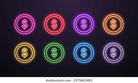 Un conjunto de íconos de monedas en dólares brillantes de neón en los colores azul, amarillo, naranja, rojo, verde, blanco, rosa y morado sobre un fondo oscuro. Un concepto para negocios y finanzas.