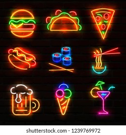 Set of neon glowing fastfood.  Vector illustration