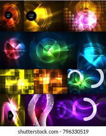 Set of neon glowing geometric shapes, vector digital abstract backgrounds