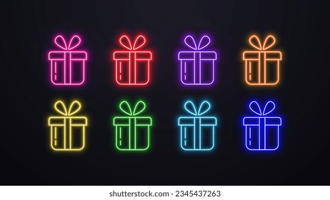 A set of neon glowing gift icons in different colors: blue, green, yellow, red, orange, purple and pink on a dark background.