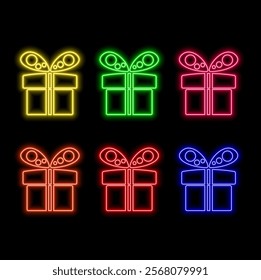 A set of neon glowing gift icons in different colors blue, green, yellow, red, orange, purple and pink on a dark background.