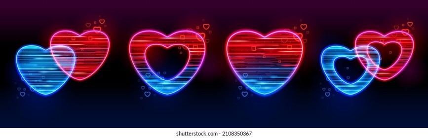 Set of neon glowing hearts mobile iu ux games icons isolated on black background. Vector loving emotion ans passion symbols of love in red and blue colors, romantic holiday Valentines day signs
