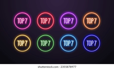 A set of neon glowing icons top 7 in the colors blue, green, orange, yellow, pink, purple and red on a dark background.