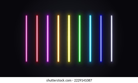 A set of neon glowing lamps. Bright multicolored lasers on a dark background.