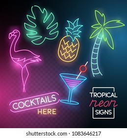 A set of neon glowing light signs with a flamingo, cocktail and palm tree. Vector illustration.