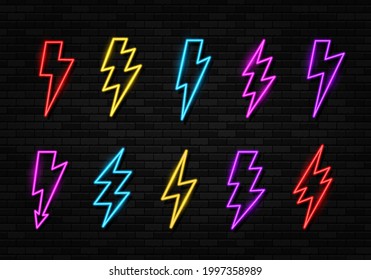 Set of neon glowing lighting ightning bolt icon. Thunder and electricity sign. Bright thunderbolt, electric storm, high voltage.