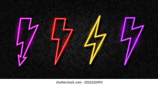 Set of neon glowing lighting ightning bolt icon. Thunder and electricity sign. Bright thunderbolt, electric storm, high voltage.