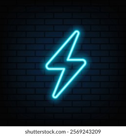 Set of neon glowing lighting ightning bolt icon Thunder and electricity sign.