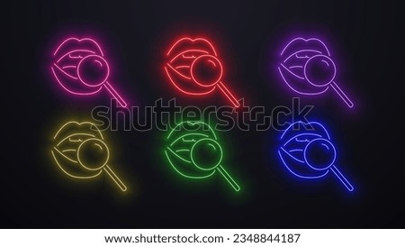 A set of neon glowing lip icons with a lollipop. Logo for a sex shop.