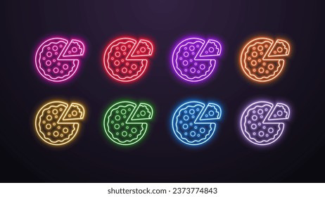 Un conjunto de iconos de pizza multicolor y neón sobre un fondo oscuro. Logo para pizzería y comida rápida.