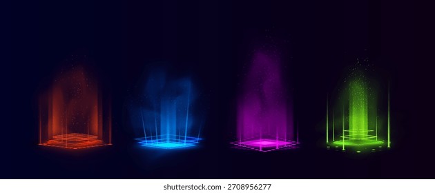 A set of neon glowing multicolored square portals with a magical glow and energy flow. Teleportation platform. Cyber travel. Game interface. Black isolated background. Vector illustration.