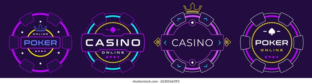 Conjunto de neon brilhante poker e fichas de casino com contornos vibrantes, tipografia moderna e detalhes da coroa. Perfeito para jogos de IU, design de jogos ou marca de cassino digital