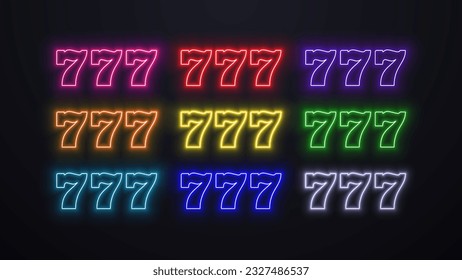 A set of neon glowing shiny icons 777. Casino and poker logo in different colors on a black background.