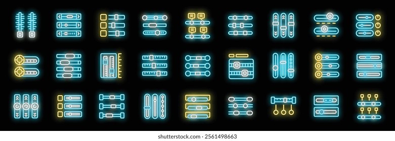 Set of neon glowing sound control panels, featuring various adjusting knobs and sliders for precise audio mixing