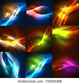 Set of neon glowing wave lines, vector futuristic tech templates