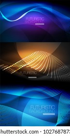 Set von Neon leuchtenden Wellen und Linien, glänzender Lichteffekt digitalen Techno-Motion-Hintergründe. Kollektion von dunklen, magischen Vektorvorlagen