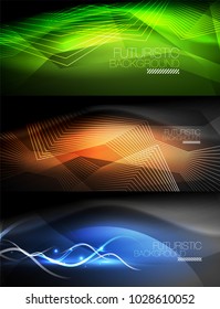 Conjunto de ondas y líneas neones brillantes, luces brillantes efecto telno digital de fondo de movimiento. Colección de plantillas de vectores mágicos de espacios oscuros