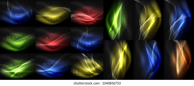 Conjunto de ondas y líneas neones brillantes, luces brillantes efecto telno digital de fondo de movimiento. Colección de plantillas mágicas vectoriales de espacio oscuro. Ilustración del vector
