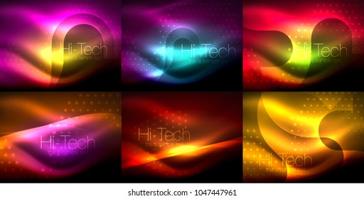 Set of neon glowing waves and lines, shiny light effect digital techno motion backgrounds. Collection of dark space magic vector templates. Vector illustration