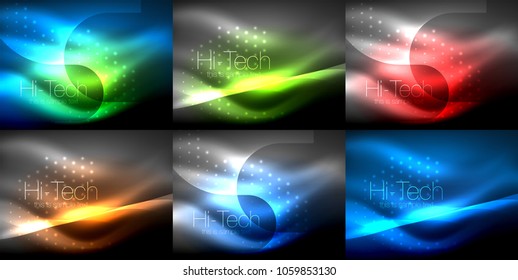 Set of neon glowing waves and lines, shiny light effect digital techno motion backgrounds. Collection of dark space magic vector templates. Vector illustration