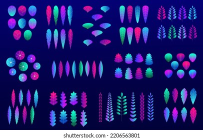 Set von Neonfarbenblättern einzeln auf weißem Hintergrund. Trendy flach gestaltete Naturpflanze und tropisches Laub.