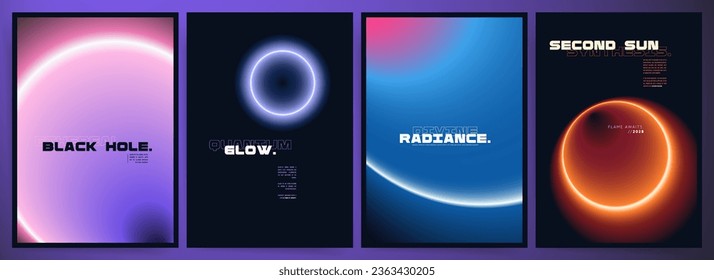 Set of Neon Gradient Rings on Dark Space Background. Futuristic and Brutalist Cyberpunk Tech Poster Templates for Modern Music Events and Science Exhibitions.