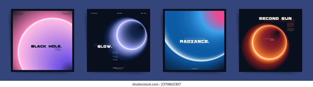 Set of Neon Gradient Rings on Dark Space Square Background. Futuristic and Brutalist Cyberpunk Tech Cards Covers for Modern Music Events and Science Exhibitions.	