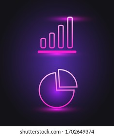 set of neon graph and chart icons on dark background