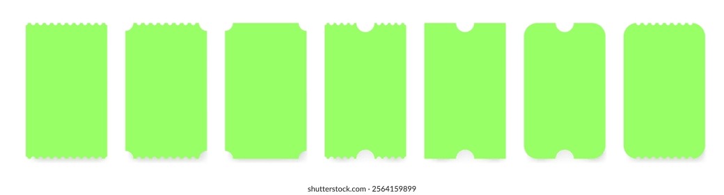 Set of neon green ticket mockups with ruffle edges and shadows. Small vertical empty templates. Concert, movie or theater ticket. Boarding blank, lottery, sale coupon