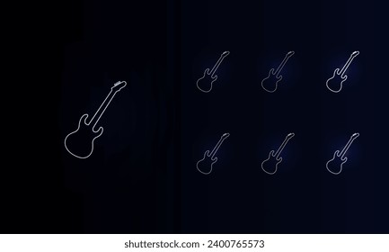 Un conjunto de símbolos de guitarra neones. Conjunto de símbolos de color diferentes, brillo de neón débil. Ilustración del vector sobre fondo negro