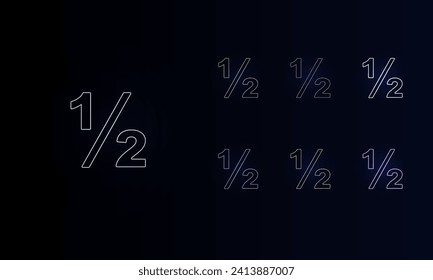 A set of neon half fraction symbols. Set of different color symbols, faint neon glow. Vector illustration on black background