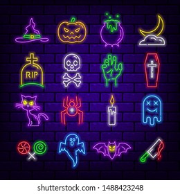 Set of neon Halloween themed icons on a dark brick background. Editable stroke and blend. Vector illustration.