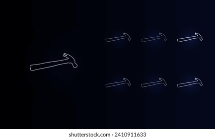 A set of neon hammer symbols. Set of different color symbols, faint neon glow. Vector illustration on black background