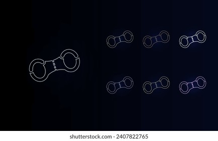 A set of neon handcuffs symbols. Set of different color symbols, faint neon glow. Vector illustration on black background