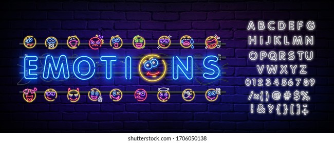 Set of neon happy and angry emoticons, April fools ' Day. Vector silhouette of a neon pair of discontented emoticons, consisting of contours, illuminated on a dark background with text.