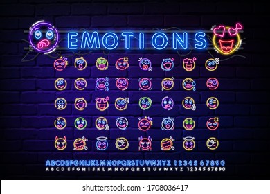 Set of neon happy and angry emoticons, April fools ' Day. Vector silhouette of a neon pair of cute, discontented emoticons, consisting of contours, illuminated on a dark background with text.