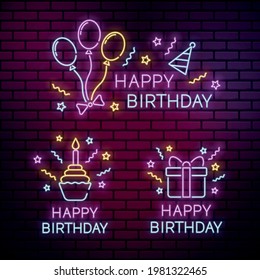 Set of neon happy birthday vector illustration 