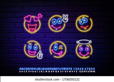 Set of neon happy and love emoticons, April fools ' Day. Vector silhouette of a neon pair of cute emoticons, consisting of contours, illuminated on a dark background with text.