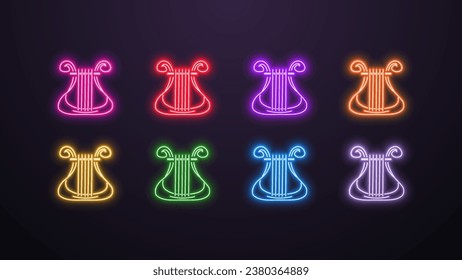 A set of neon harp icons in different bright colors on a dark background.