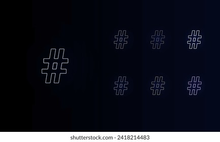 A set of neon hash symbols. Set of different color symbols, faint neon glow. Vector illustration on black background