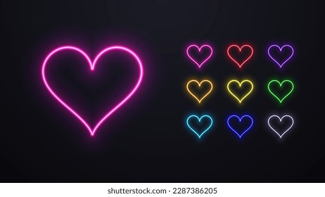 A set of neon heart in different colors.