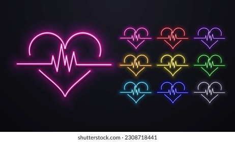 A set of neon heart icons with a cordiogram in bright colors. Logo for medicine.