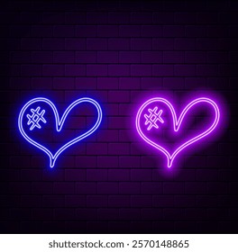 Set of neon heart icons. Glowing bright red, purple and green hearts.