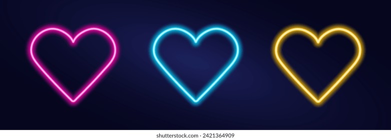 Set of neon Hearts - blue, pink, yellow. Illuminated symbol of Love on dark background. Multi-colored highlighting of border element. Glow Cupid. Valentine Day. Isolated. Outline. Vector illustration