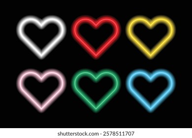 Set of neon hearts isolated on black background.