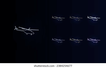 A set of neon helicopter symbols. Set of different color symbols, faint neon glow. Vector illustration on black background