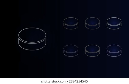 A set of neon hockey pucks. Set of different color symbols, faint neon glow. Vector illustration on black background