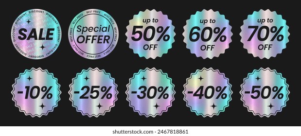 Set of neon holographic round sticker templates, label with holographic effect. Shiny rainbow emblems Sale, up to 50% off, 40%, 60%, 70%, Discount, best price, special offer. Isolated Vector EPS10

