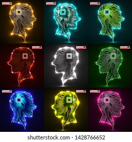 Set of neon human head. Cpu. Circuit board. Vector illustration. Eps 10