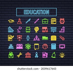 Set neon icon education for mobile app design. Online course line icon set. Online study, education. Vector stock illustration.